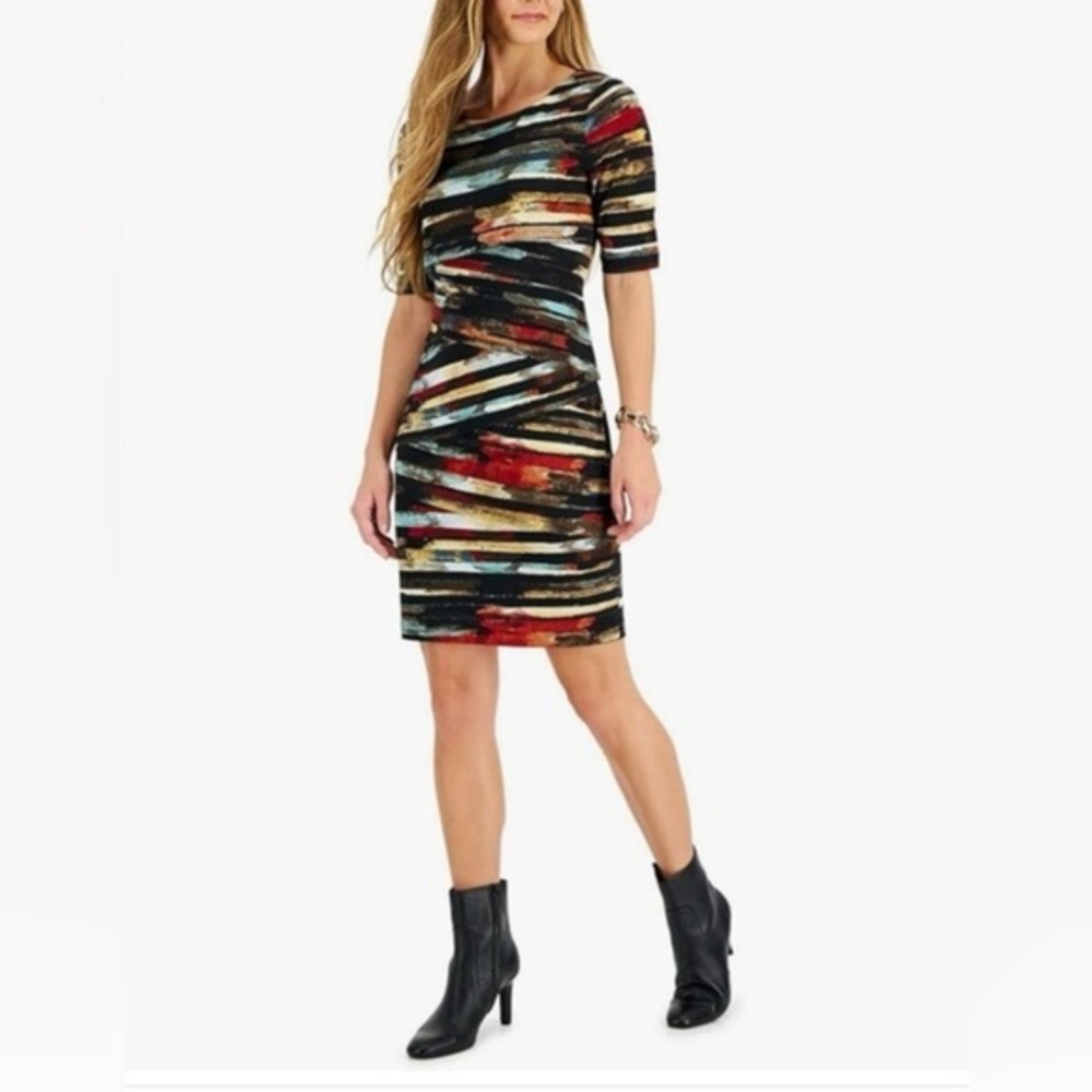 EPC Multicolor Abstract Round Neck Sheath Dress Short Sleeve Knee Length 4